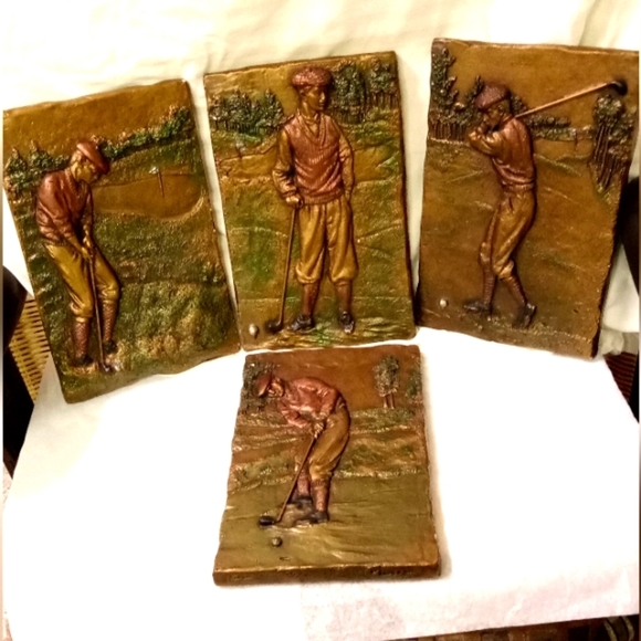 Vtge Set 4 Austin Golfers Figure Sculptures Plaques Solid Ceramic Pottery 10"x7 - Picture 1 of 10